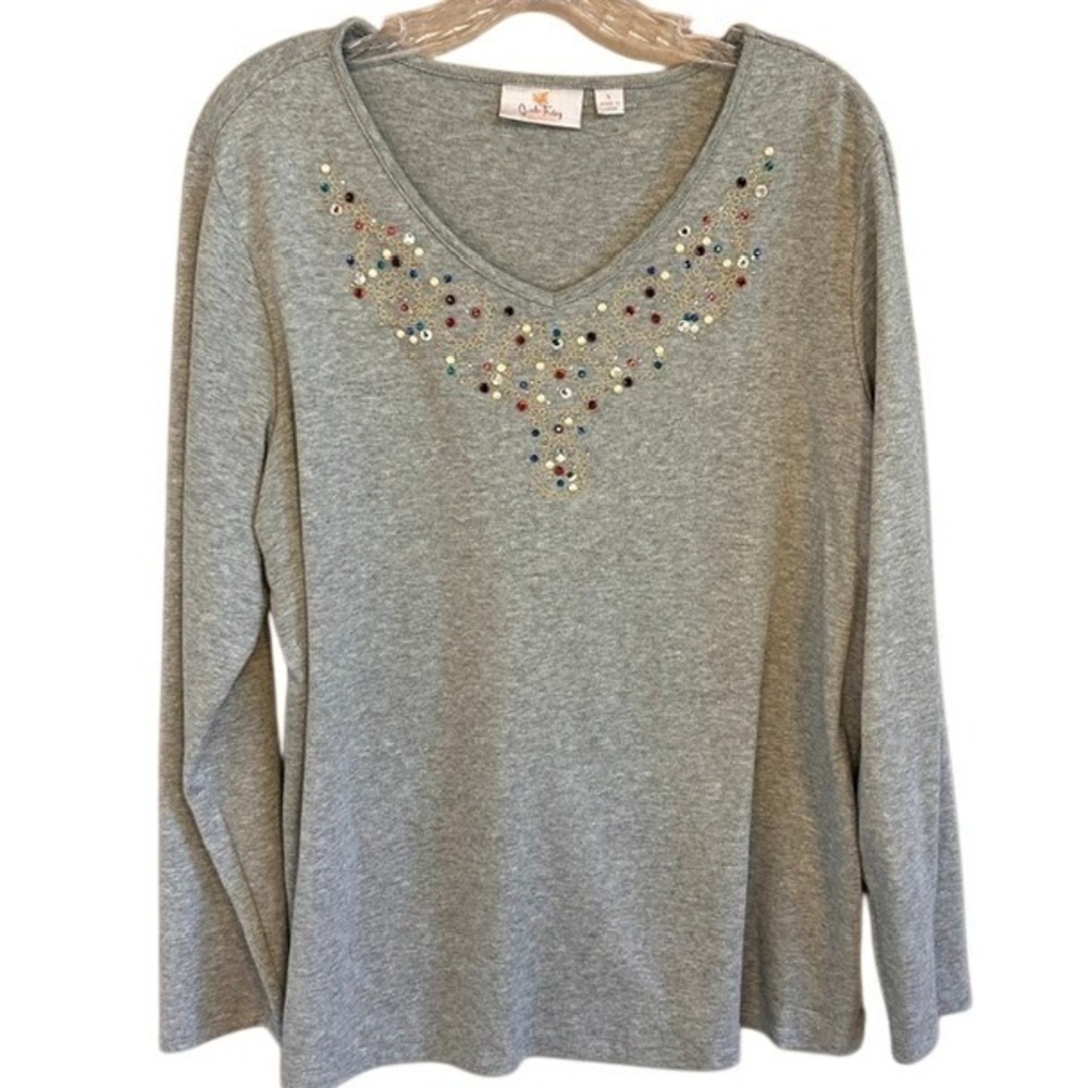 Quacker‎ Factory Heather Gray Sequin Sparkle V-Neck Long Sleeve Top Blouse LG